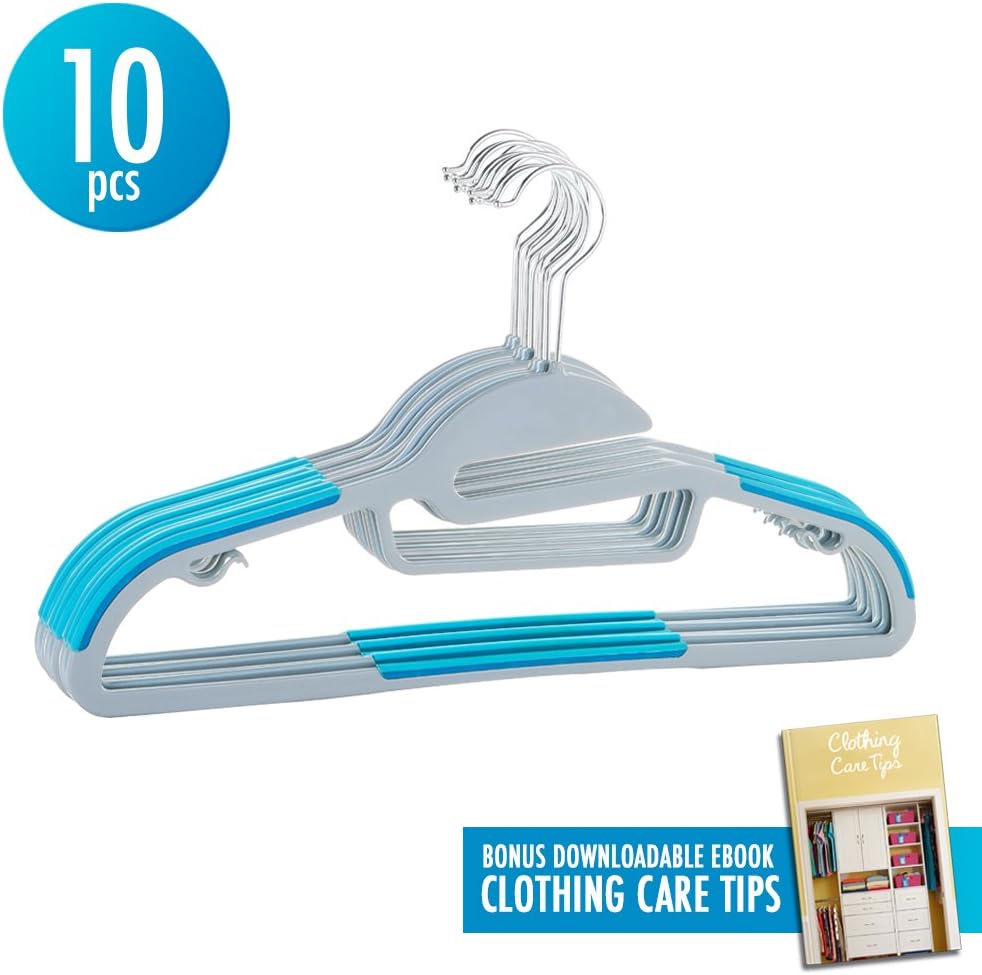 10pcs Hanger Sturdy Slim Lightweight Clothes Hangers Holder with 360-degree Swivel Stainless Steel Hooks Non-Slip S-shape Shoulders Anti-Wrinkle Space Saving Design for Shirts Scarfs Suits with Ebook