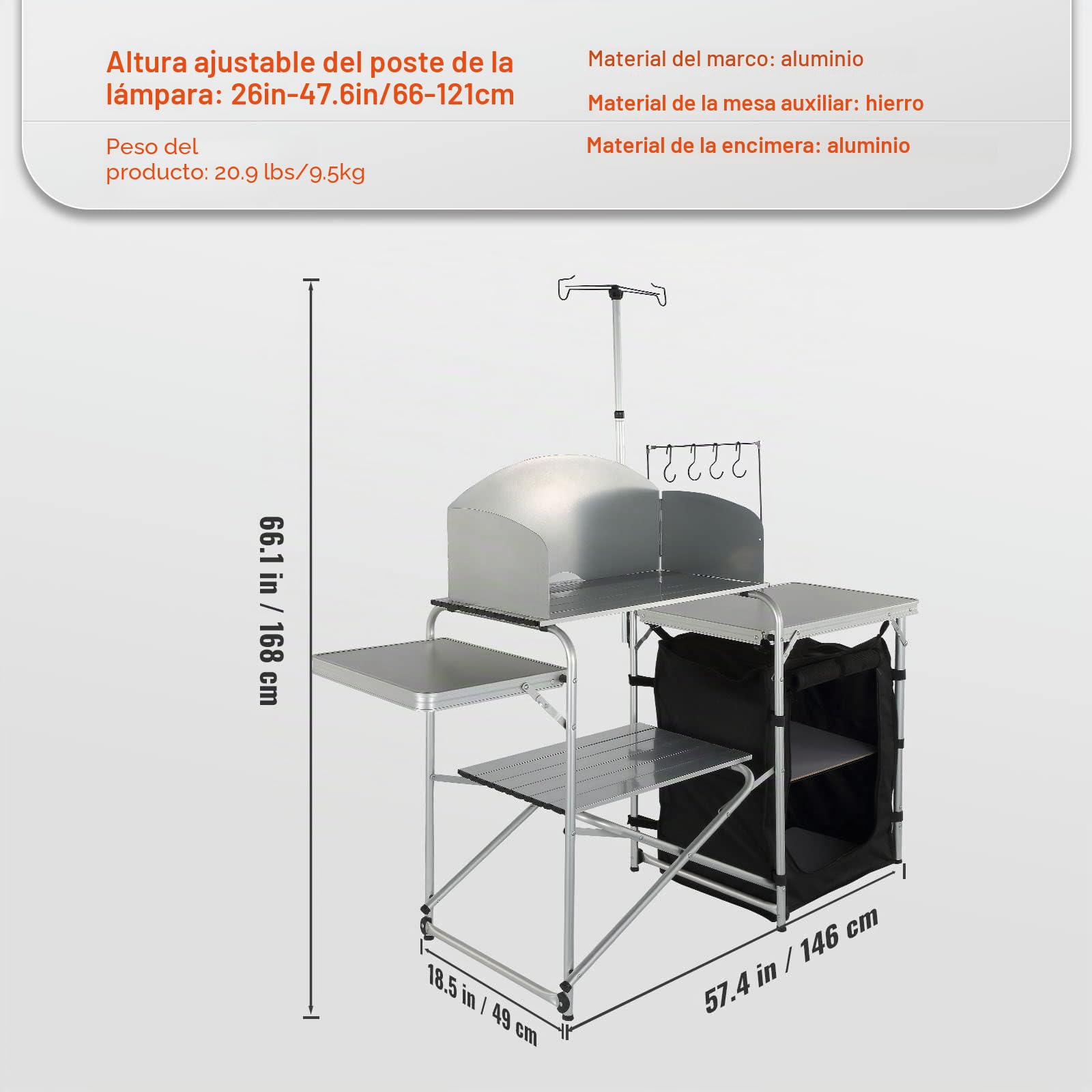 VEVOR Mesa de Cocina para Camping Plegable para Exteriores con Bolsa de Transporte, Estación de Cocina de Aluminio, 1 Armario y Parabrisas Desmontable, Montaje Rápido para Pícnics, Barbacoas, Negro
