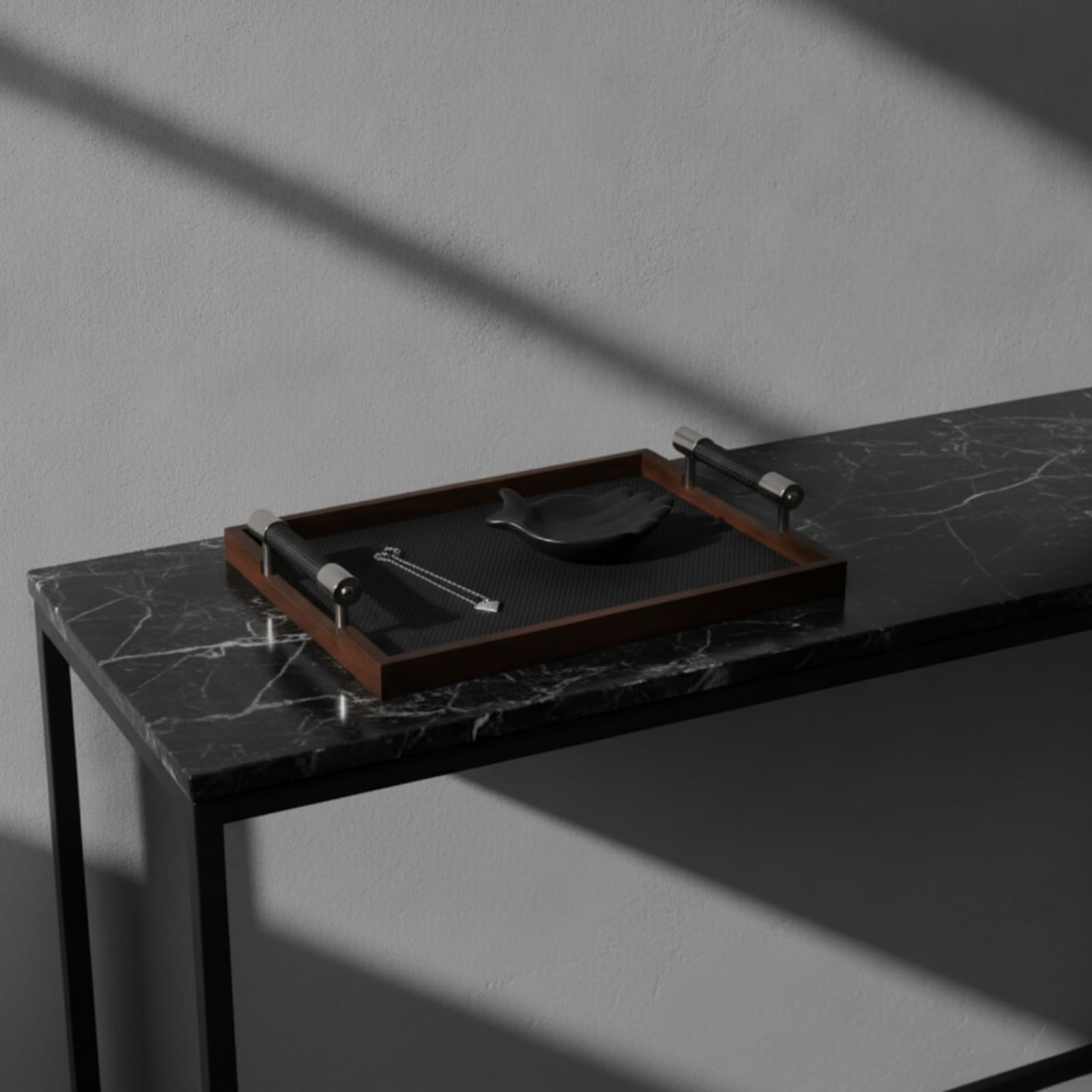MagiDeal Vassoio Profumato Vassoio da Servizio Vassoio Decorativo Vassoio Portaoggetti con Telaio Effetto Legno E Manici Robusti in Metallo Adatto per Consolle, Nero, 41 29 5.5CM