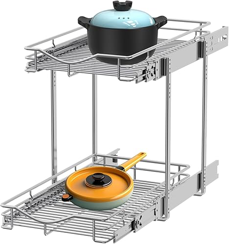 Miniatura 1 de DINDON Organizador de gabinete extraíble de 2 niveles (11 pulgadas de ancho x 18 pulgadas de profundidad) Estante deslizante de metal resistente,