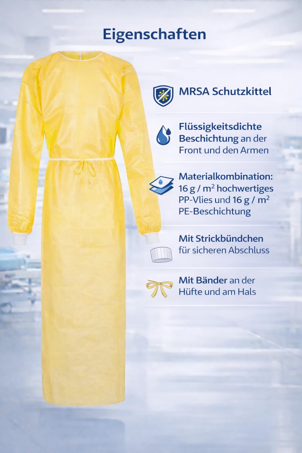 MRSA 100 sztuk żółtych fartuchów ochronnych – jednorazowe fartuchy ochronne z powłoką PE, płaszcz izolacyjny, fartuch operacyjny, fartuch dla gości, fartuch szpitalny, jednorazowy