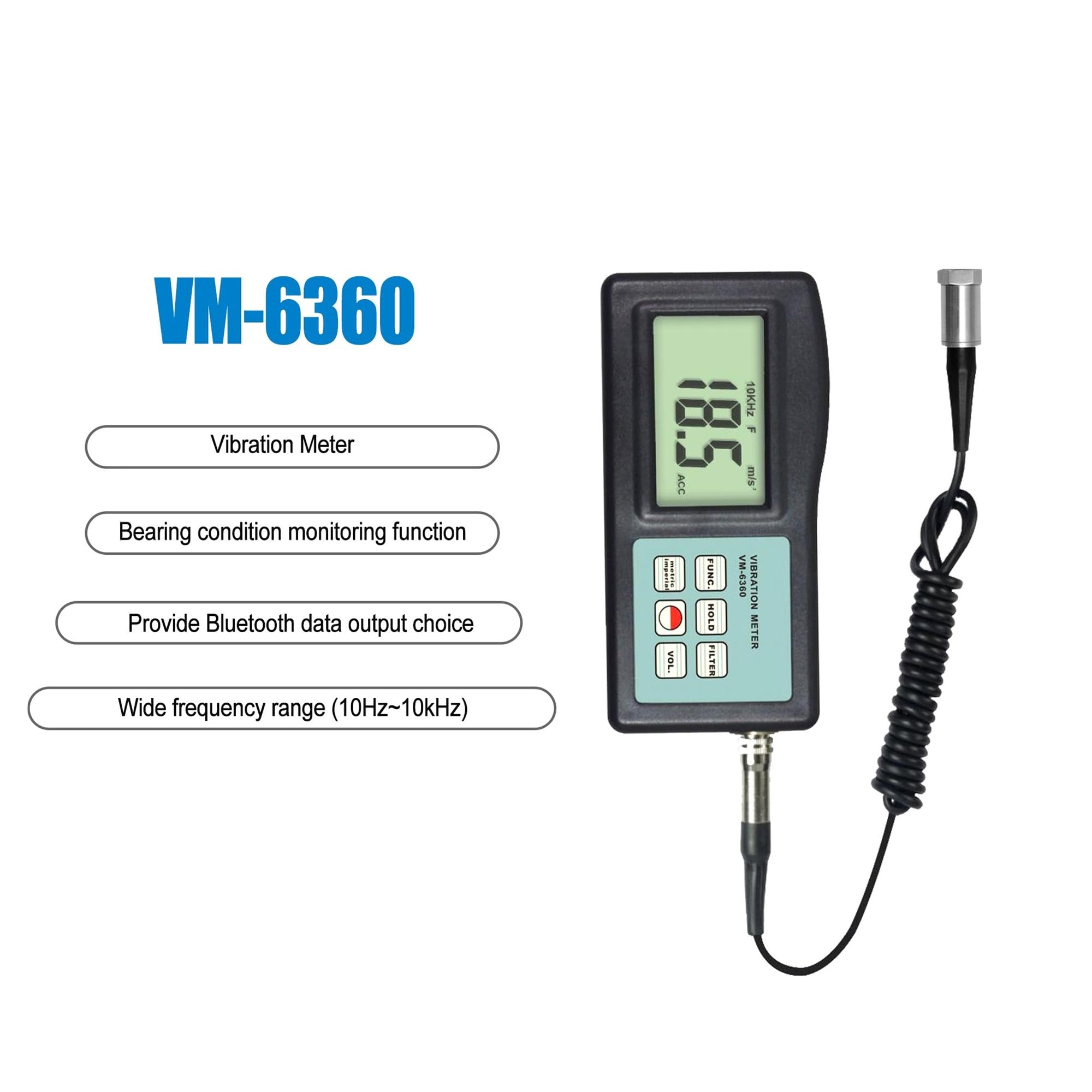 Medidor de vibración de precisión VM-6360 for medir movimiento periódico, precisión del 5% de lectura + 2 dígitos, velocidad de 10 Hz a 1 kHz. Mediciones precisas y repetibles