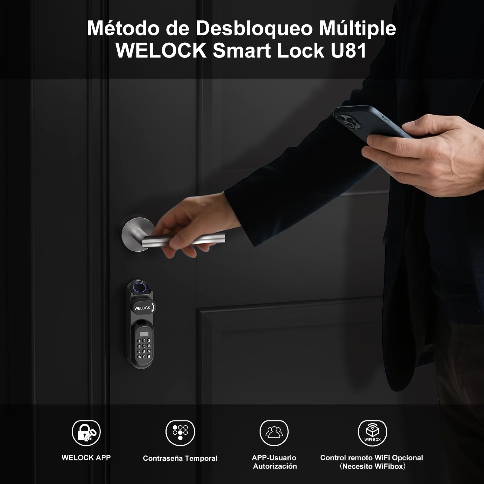 WELOCK U81 Smart Lock,Cerradura Inteligente con Huella Digital,Contraseña,Tarjeta RFID y APP,Cerradura Inteligente WiFi,cerradura electronica exterior para puertas de 50-90mm,Fácil instalación