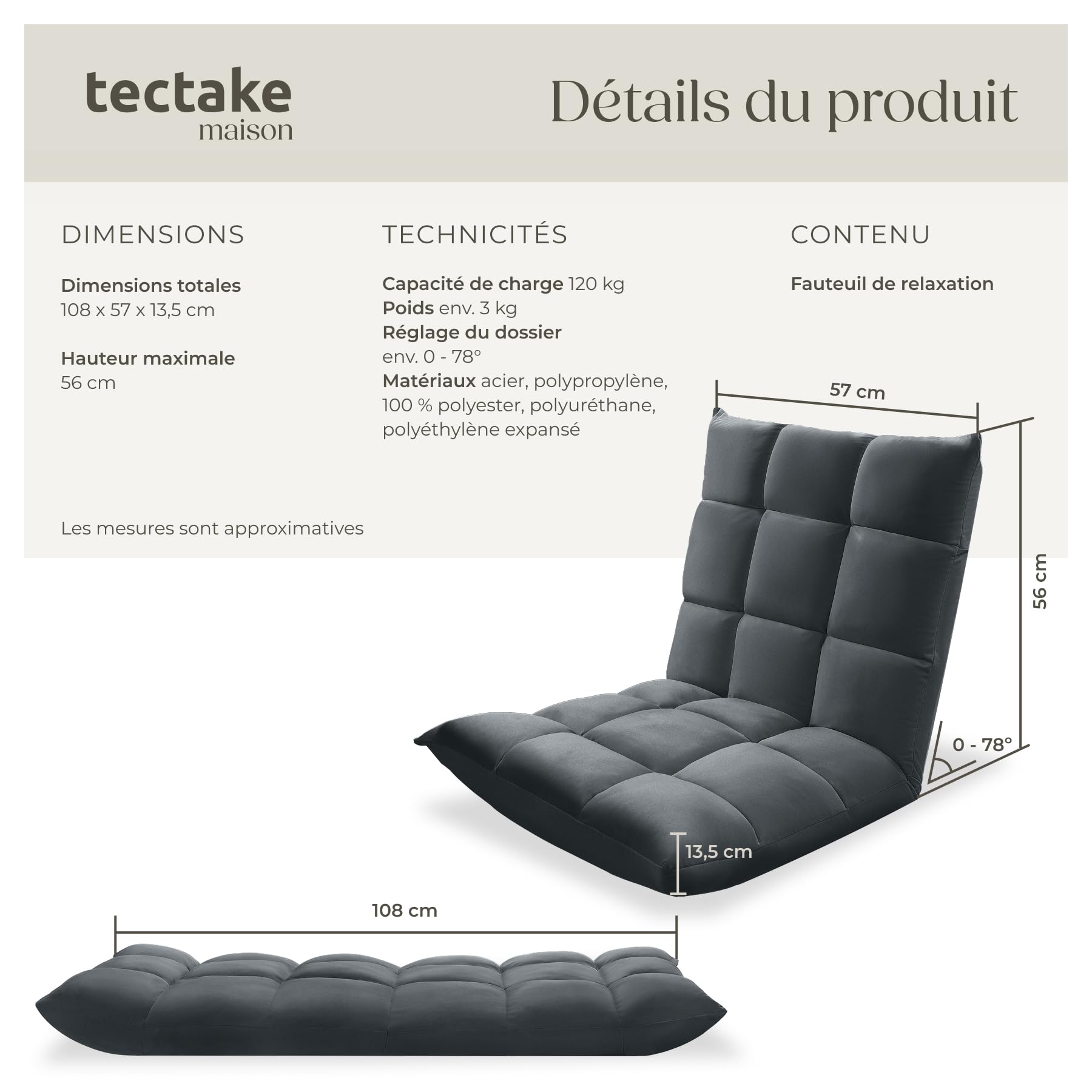 Canapé-lit pliable réglable 5 positions avec accoudoir, chaise de sol, chaise longue, fauteuil de jeu, inclinable pour lecture, salon, chambre à coucher, intérieur gris Canapé-lit pliable réglable 5 positions avec accoudoir, chaise de sol, chaise longue, fauteuil de jeu, inclinable pour lecture, salon, chambre à coucher, intérieur gris