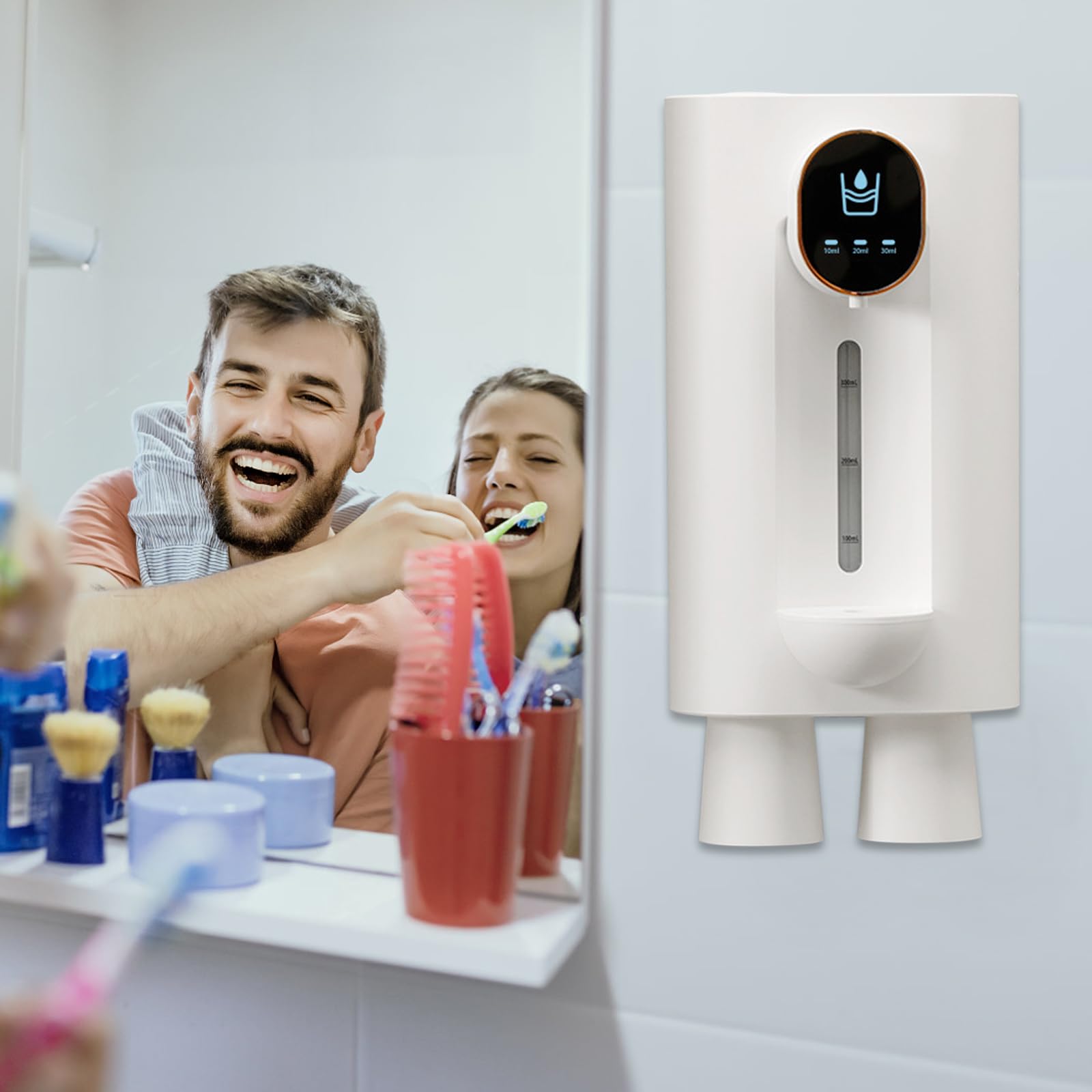 Dispensador automático de enjuague bucal para el baño, dispensador automático de enjuague bucal sin contacto con vaso magnético, dispensador montado en la pared para niños y adultos (blanco)