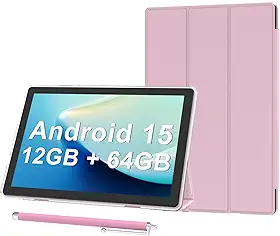 Tablet Android 15 de 10 polegadas com capa, 12 GB de RAM + 64 GB de ROM (expandir para 1 TB), tablets com processador Quad Core, 5G WiFi 6, BT5.0, tela HD de 1280 x 800, 6000 mAh, câmera dupla, GMS