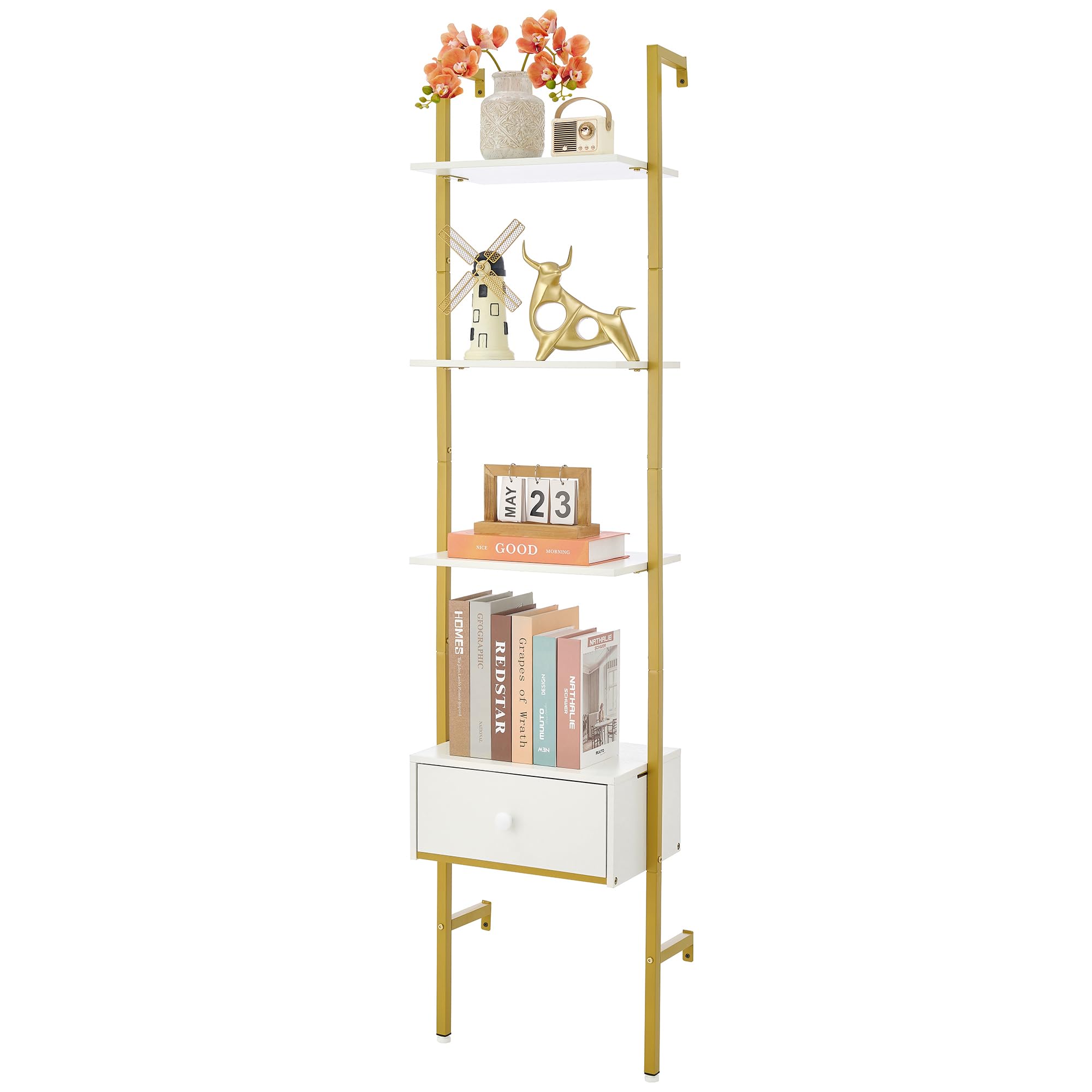 Tajsoon Ladder Shelf, Tall Bookcase with Storage Drawers, 4-Tier Wood Wall Mounted Bookshelf, Open Display Rack, Storage Shelves for Bedroom, Home Office, Collection, Plant Flower, Gold & White