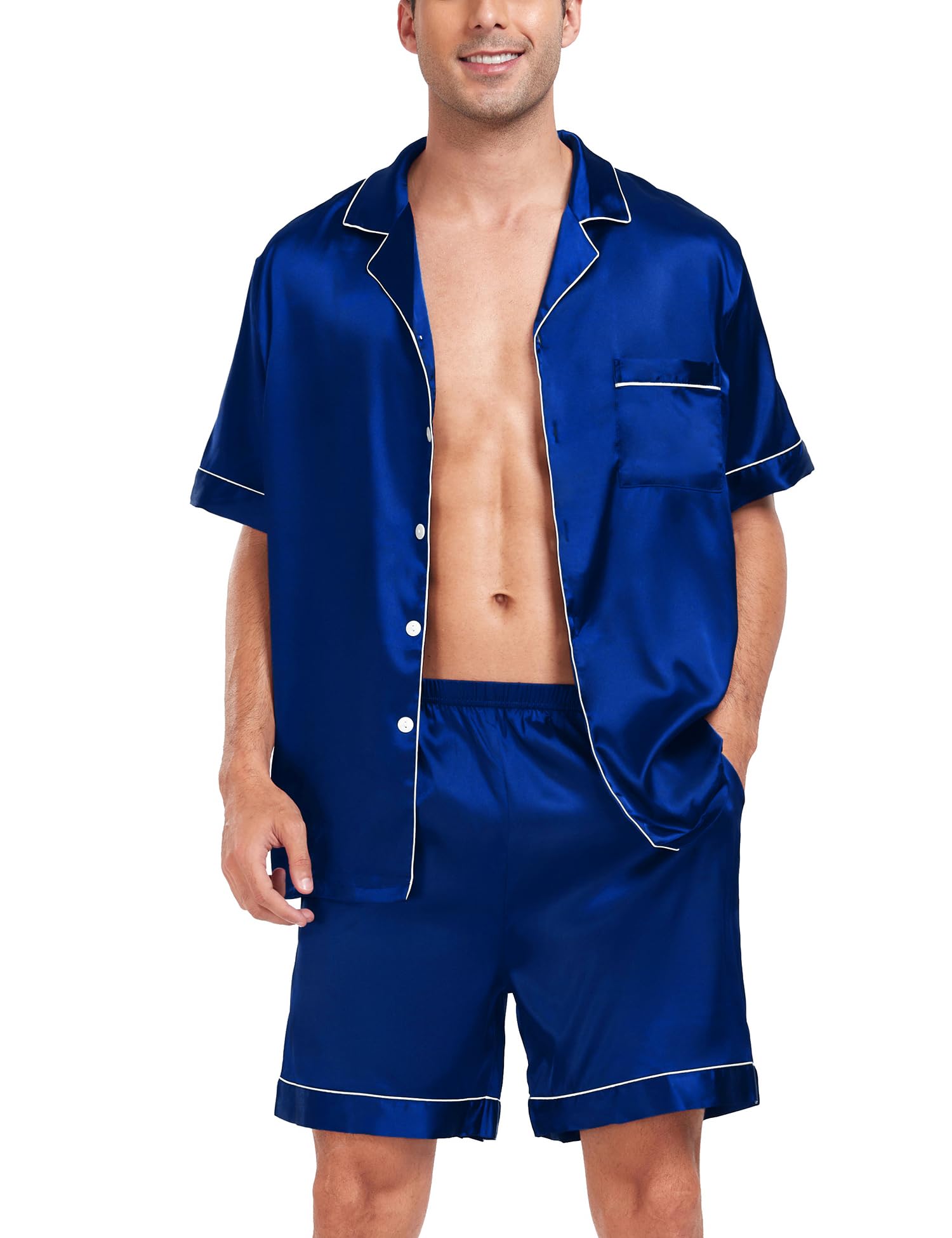 SWOMOG Men Satin Silk Pajamas Sets Short Sleeve Sleepwear Button-Down PJs Sets Two-Pieces Loungewear with Pockets Blue