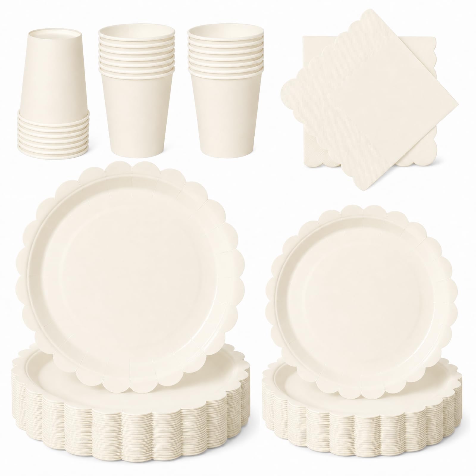 PYAILI 96 Pcs Cream White Party Tableware Set, Paper Plates Cups Napkins, Dinnerware Set for Kids Adult Birthday,Wedding,Baby Shower Party Tableware. — image 1