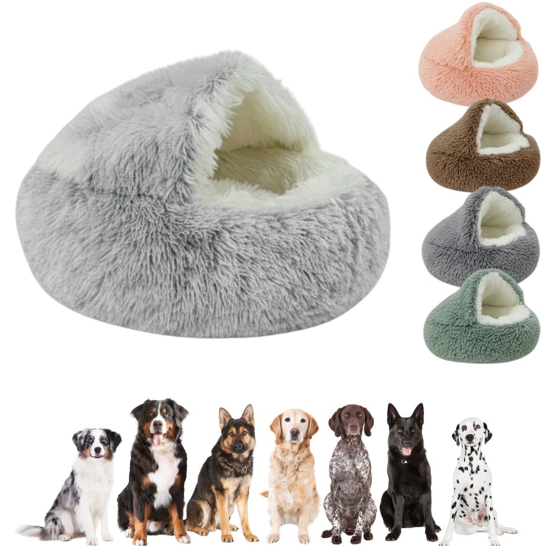 Furr & Humble Abode Round Pet Bed for Dogs - Soft Plush Sleeping Nest for Small and Large Dogs - Fluffy Warm Dog Cave House – Cosy Washable Pet Igloo Bed for Puppies & Dogs - Gray - (40 cm)