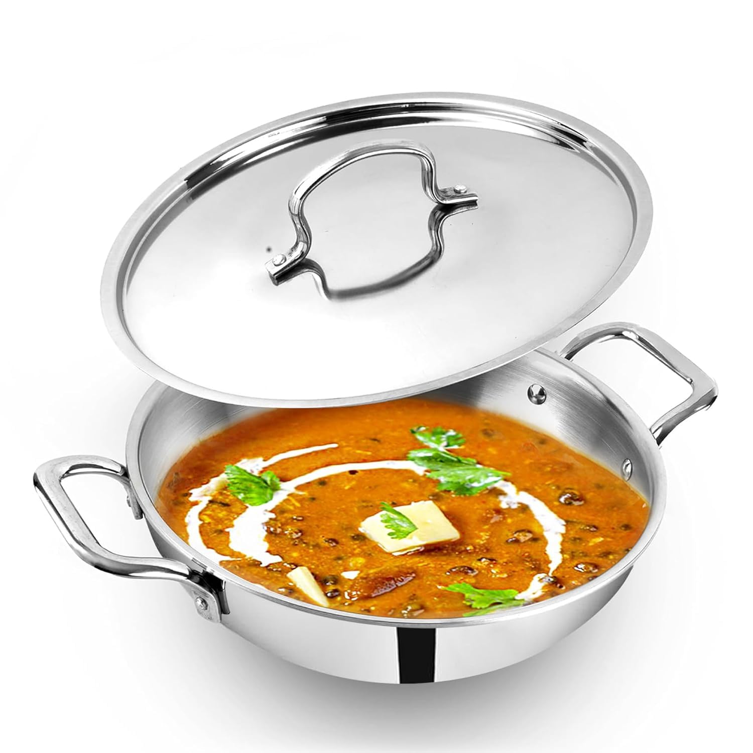 SWACRAFT Triply Stainless Steel Kadhai with Lid,Kadai for Cooking, Stainless Steel Cookware Triply Kadai, Induction & Gas Stove Compatible, 3.3 L, 26 cm