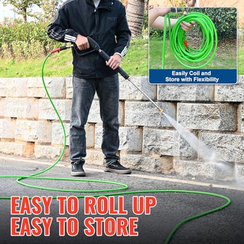 Image of YAMATIC Flexible Pressure Washer Hose 100 FT 1 /4 inch, M22-14mm Females | With 3 /8 inch Quick-Connect Adapters, 3200 PSI Kink-Resistant, Replacement /Extension Hose For Power Washing, Green