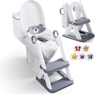 EzyWay Potty Training Seat with Training Stickers, Upgraded Toddler Toilet Seat for Kids Boys & Girls, 2 in 1 Potty Training Toilet for Kids with Splash Guard Anti-Slip Pad Step Stool (Grey)