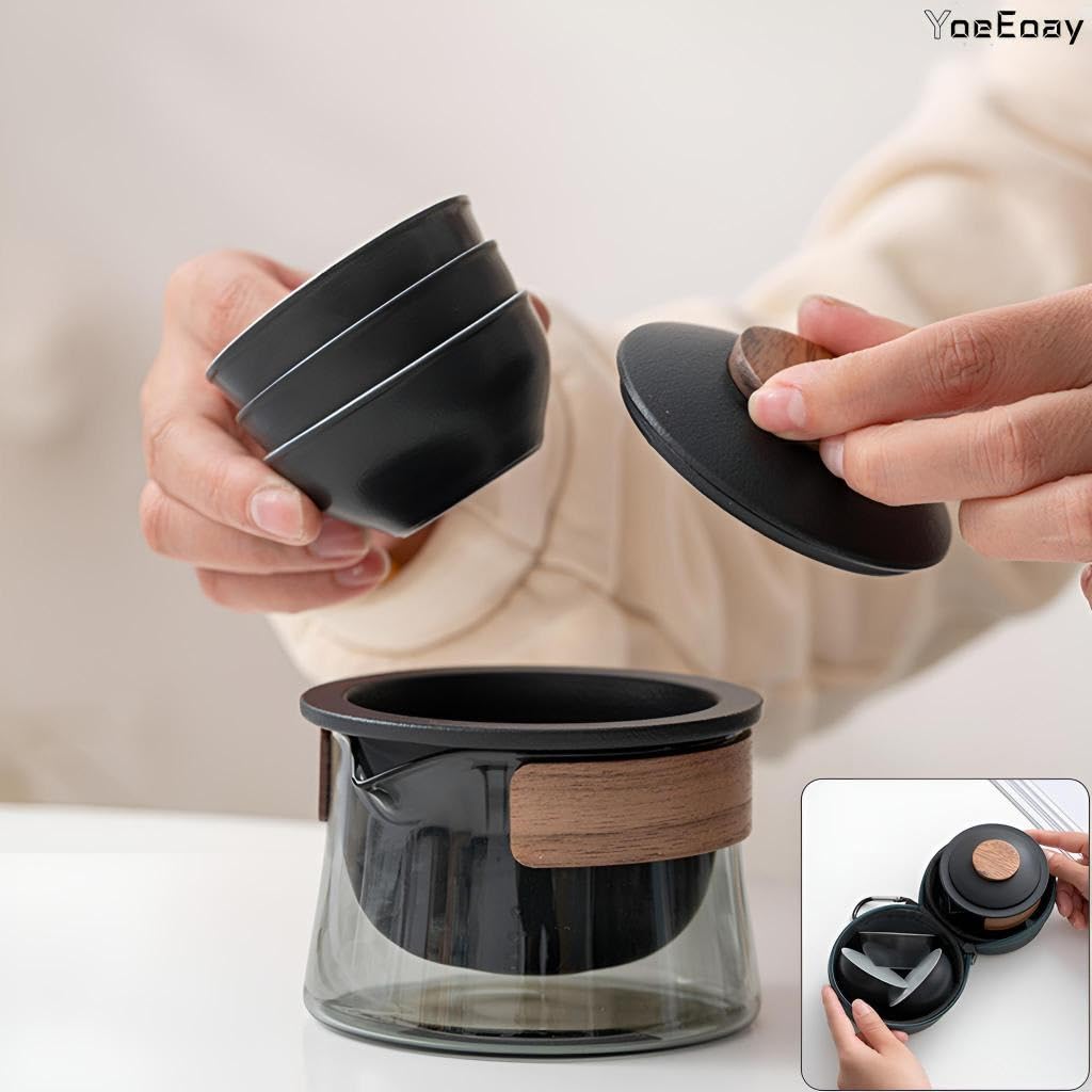 Gaiwan Mit 3 Teetasse, Mini Tragbare Reise Tee Set Mit Reisetasche,chinesische Kung-Fu-Teekanne, Teekanne Glas Mit Walnuss Hölzerne Zwinge, Teekanne Mit 3 Teetassen Und Teetuch - Schwarz