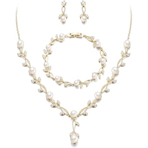 EVER FAITH Bridal Cubic Zirconia Jewelry Sets for Women, White Simulated Pearl Leaf Vine Pendant Wedding Party Necklace Earrings Set for Bridesmaid Bride