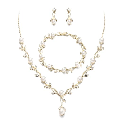EVER FAITH Bridal Cubic Zirconia Jewelry Sets for Women, White Simulated Pearl Leaf Vine Pendant Wedding Party Necklace Earrings Set for Bridesmaid Bride