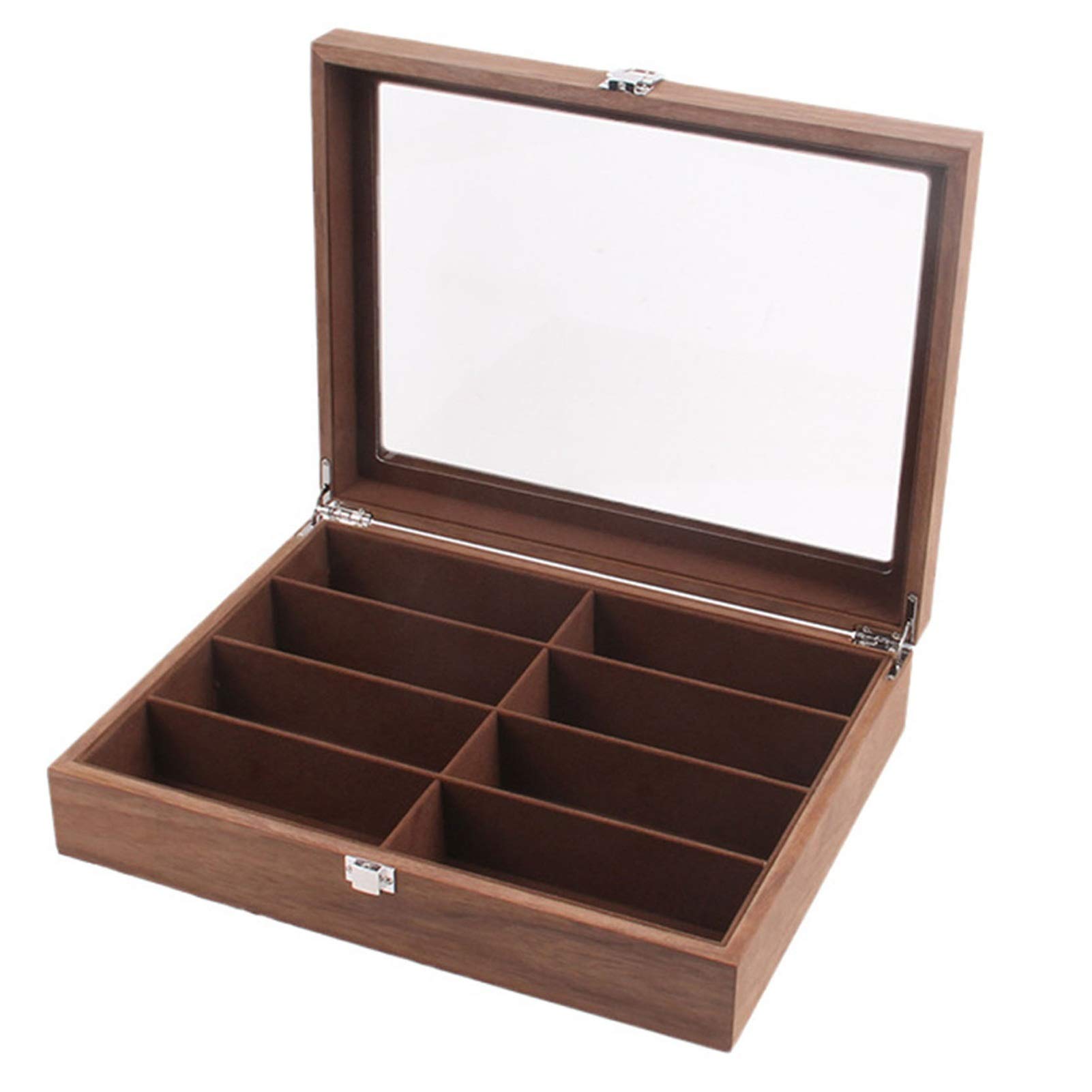 Pudełko na okulary, przechowywanie okularów, prezentacja okularów, styl vintage, drewno, okulary przeciwsłoneczne, organizer, pudełko, 8 przegródek, przezroczyste etui, do prezentacji, domu, jako dekoracja