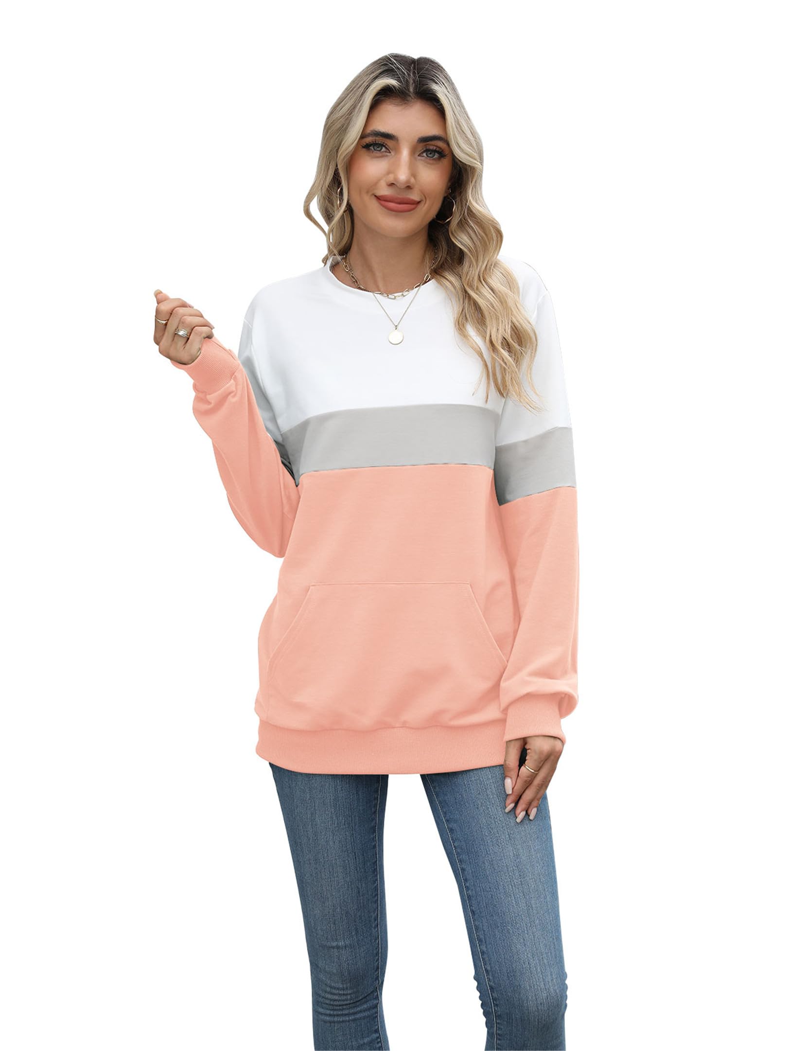 Bluza damska z długim rękawem, basic, okrągły dekolt, bez kaptura, bawełna, casualowa, z kieszeniami, luźna, oversize, jednokolorowa, na jesień, zimę, sport, streetwear, S-XXL