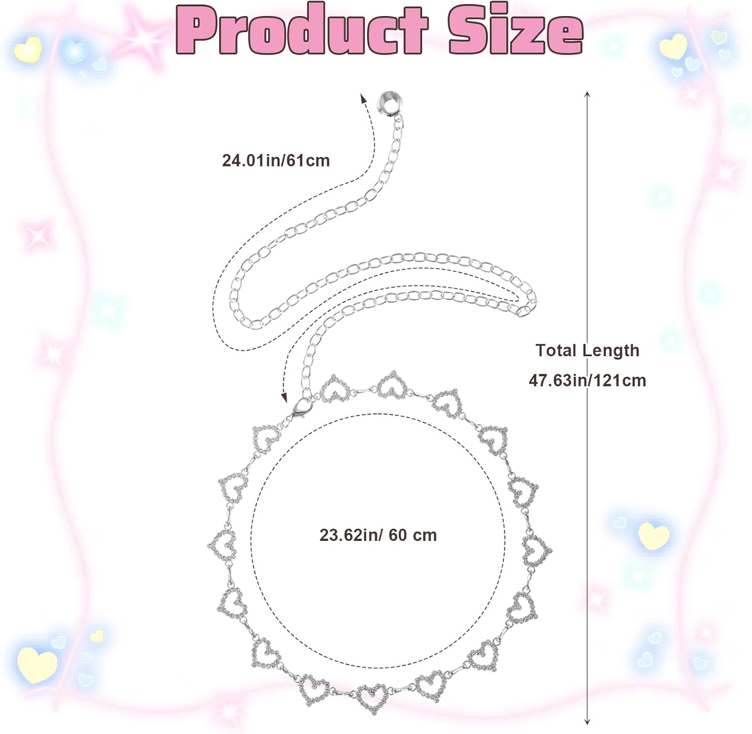 Xindojuz Heart Chain Belts for Women, 48" Fashion Waist Chain Rhinestone Flower Girls Belt, Adjustable Metal Body Belly for Dresses Jeans Bikini Jewelry Heart Waist Necklace Bikini Chains - Image 2