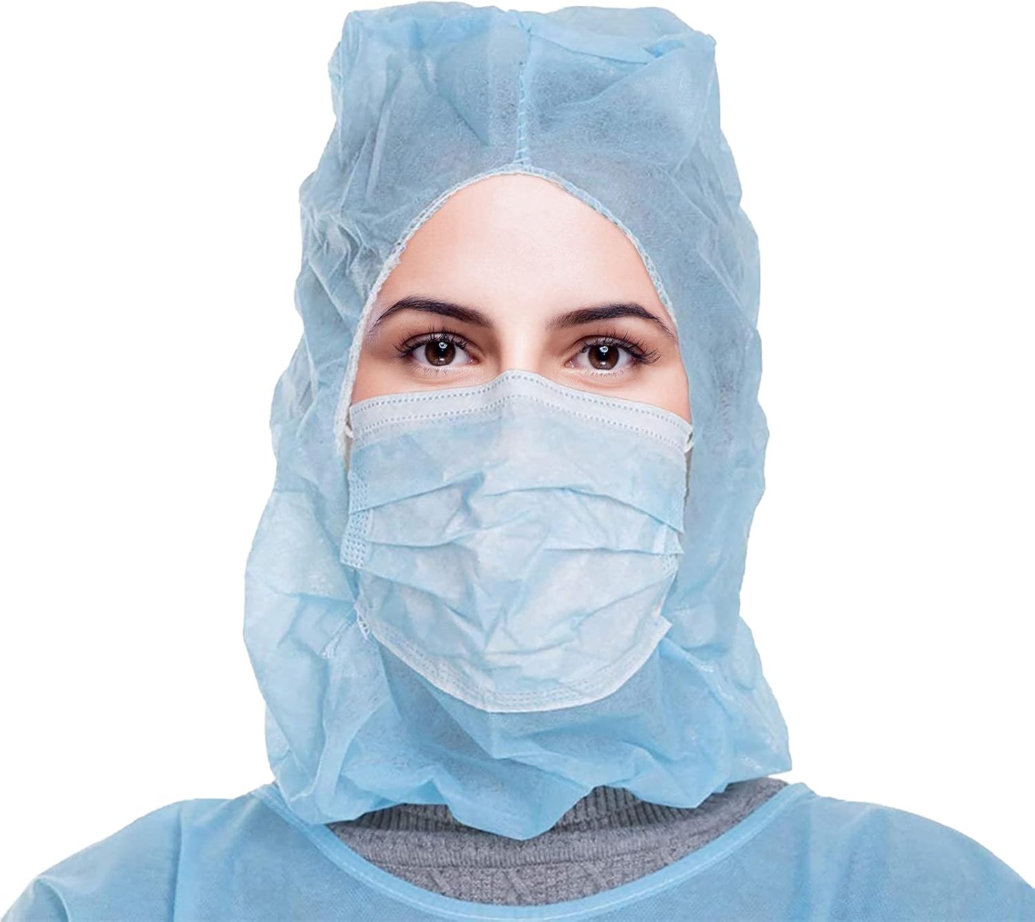 AMAZING Protective Hoods. Pack of 100 Disposable Blue Polypropylene 18 gsm Hooded Caps. Elastic Universal Size PPE Hair & Beard Covers for Industrial Use. Breathable, Unisex Head Protection. Open Face - - 