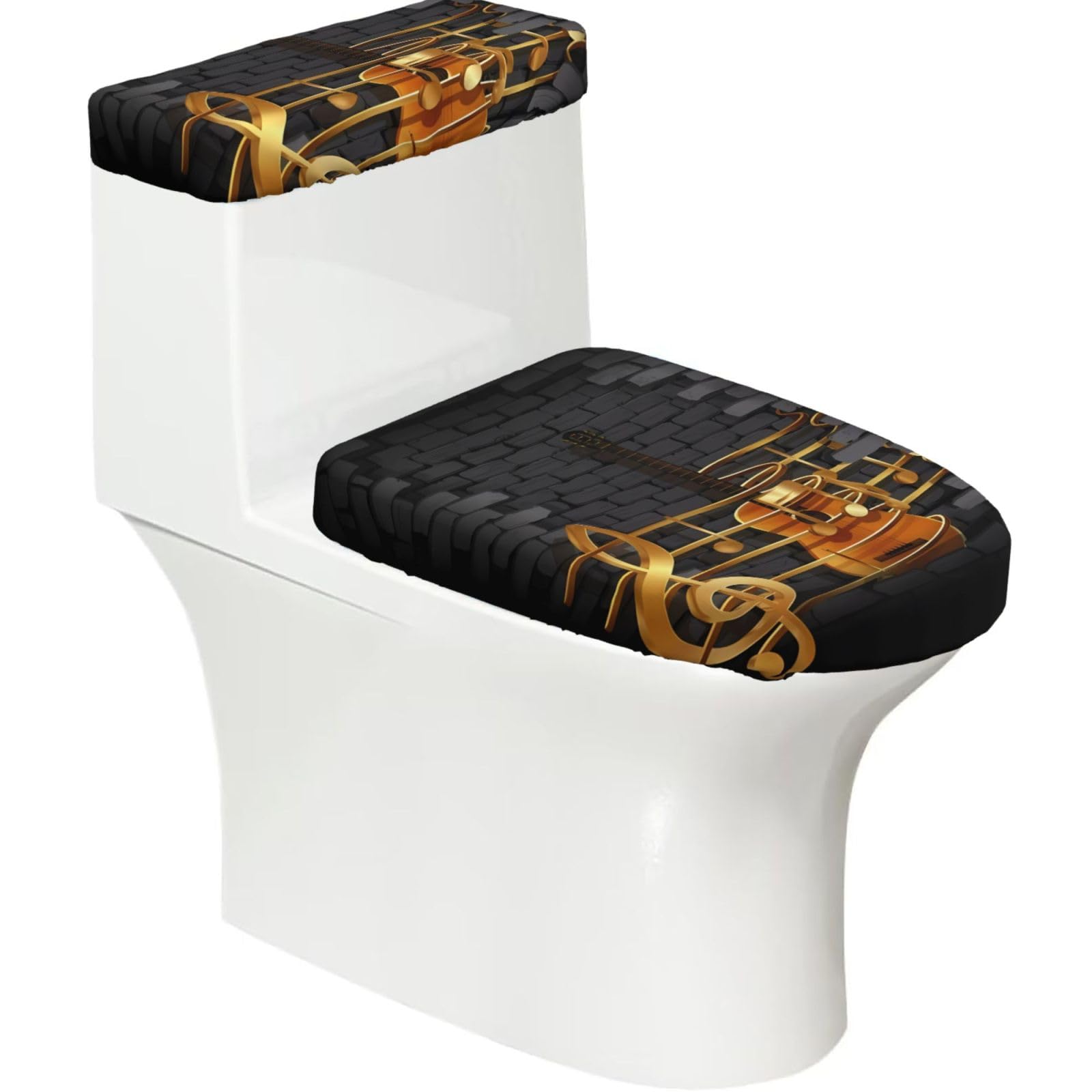 Note Guitar 2-Piece Toilet Seat Cover Set with Tank Lid - Elastic for U-Shape & Elongated - Bathroom Decor