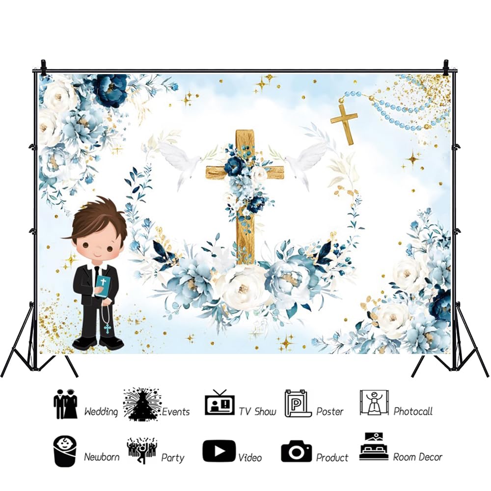 Wangrj - Fondale per la comunione, per il primo Battesimo, per festa di battesimo, con fiori blu, sfondo fotografico, per neonati, bambini, per la doccia, 210 x 150 m, colore: blu