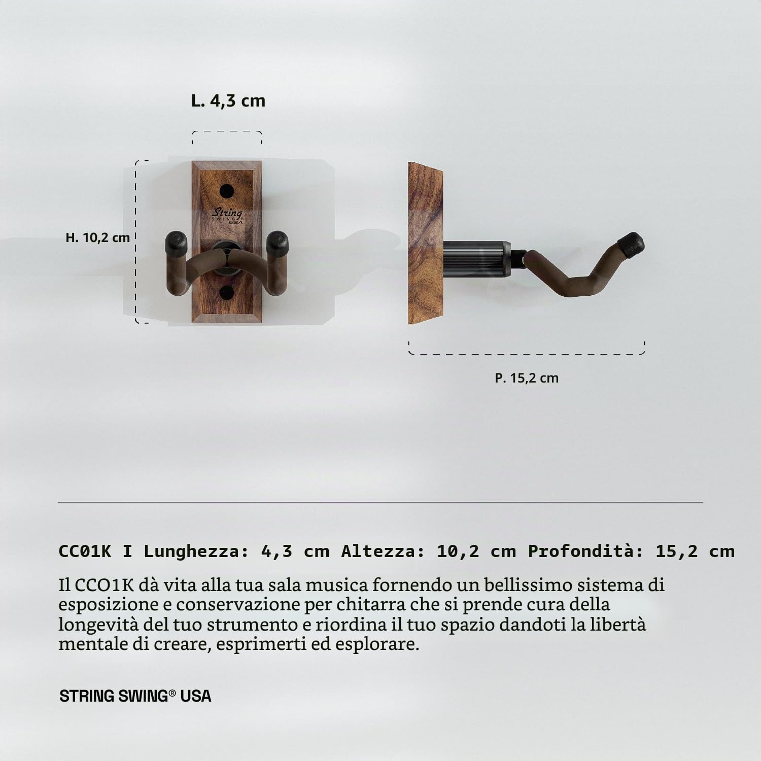 String Swing Supporto per chitarra elettrica, acustica e basso, accessori da parete per casa o studio, per strumenti musicali, sicuro senza custodie rigide, in legno di noce nero, confezione da 2