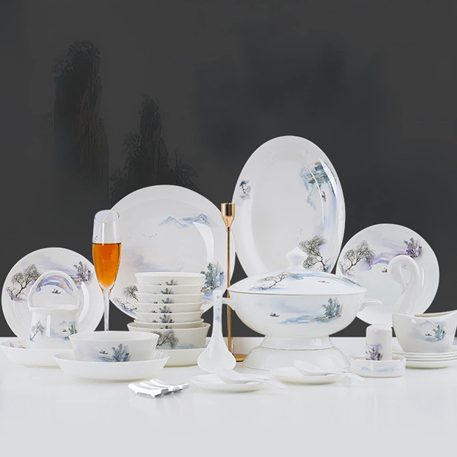Bone China Dinner Sets Nordic Creative Relief Phnom Penh Kombination Keramik Geschirr Anzug Geeignet für Geschenke Hochzeit Hotel 60 Stück