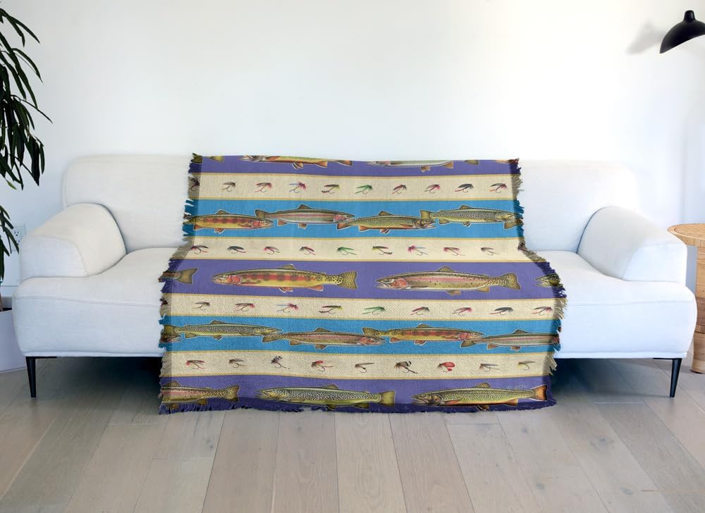 LOGOVISION JQ Licensing Blanket, 50"x60" Trout Fishing Lures Pattern Woven Tapestry Cotton Blend Fringed Throw Blanket