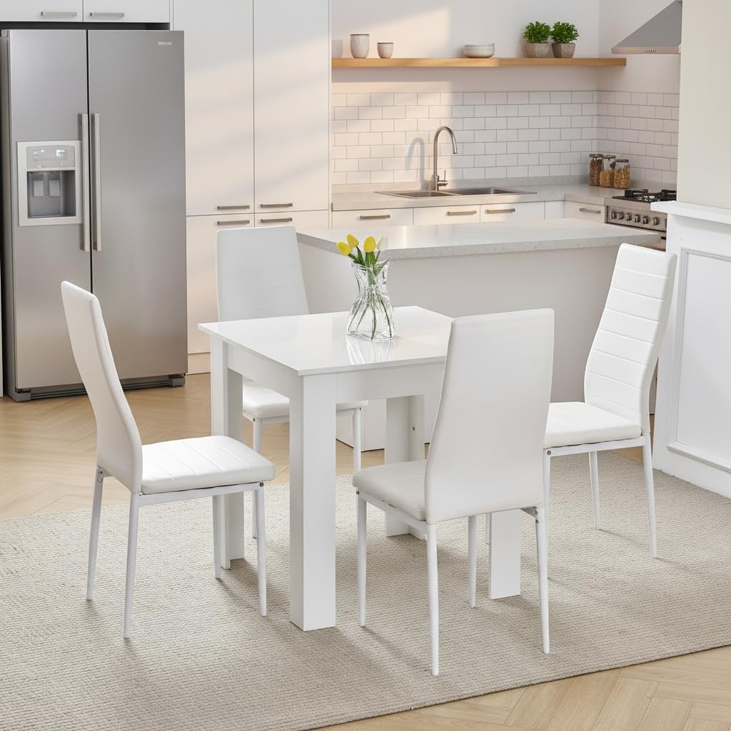 75x75 cm Small Dining Table and 4 Chairs, 4 Seater Table and Chairs Set Kitchen Dining Room Set for 4, Compact, Space Saving, Wooden, Glossing Tabletop White (4 Seats, Faux Leather Eggshell White)