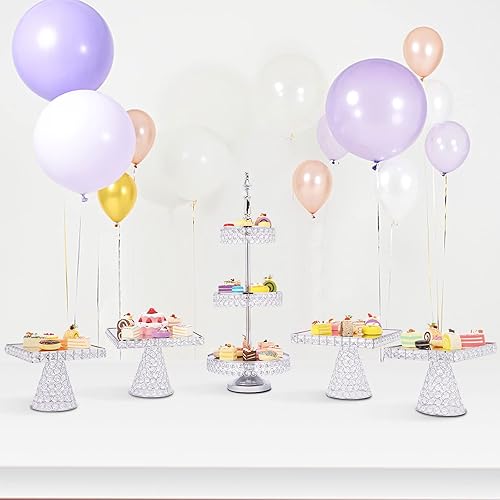 Miniatura 11 de YIYIBYUS Juego de 9 soportes de cristal para tartas, soporte para cupcakes, frutas, dulces, postres con cuentas de cristal para mesa de postre, 9