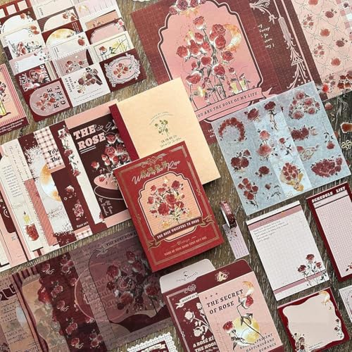 Image of VIBEVISTA Vintage Aesthetic Scrapbook Kit, 346 Pcs, A6 Grid Notebook, Washi , Envelopes, Scrapbook Papers, Folding Labels, Background Papers, Photo Frames, Calendar Stickers, Stickers (The Words of the Rose, Rose)