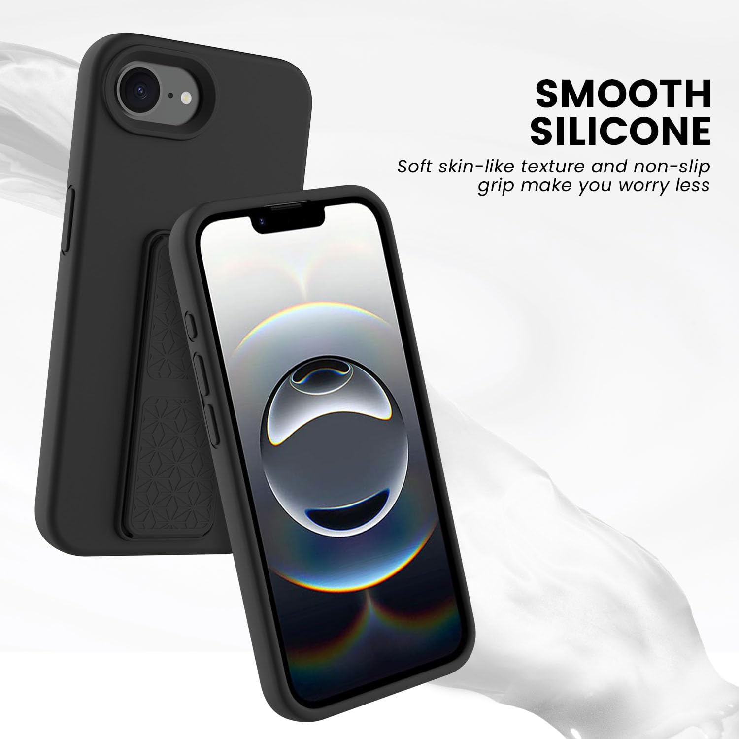 LAUDTEC - Funda de silicona compatible con iPhone 16E, soporte vertical y horizontal, correa de mano de metal, funda flexible de silicona líquida suave para iPhone 16E (negro)