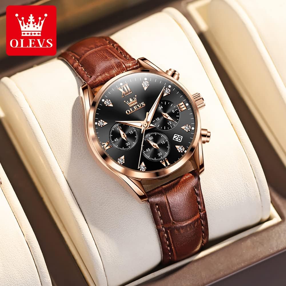 OLEVS Women's Watches Brown Leather Strap Analog Quartz Rose Gold Female Watches Multifunction Chronograph Diamond Waterproof Luminous Ladies - Image 5