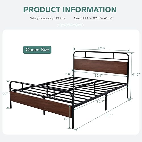 Miniatura 16 de IMUsee Base de cama matrimonial con cabecera de madera industrial, almacenamiento debajo de la cama de 12 pulgadas, base de colchón, no necesita