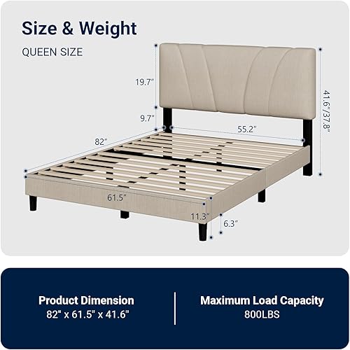 Miniatura 2 de Avenco Base de cama Queen, plataforma tapizada tamaño Queen con cabecera ajustable, fácil montaje, no necesita somier, color beige Beige,Gris