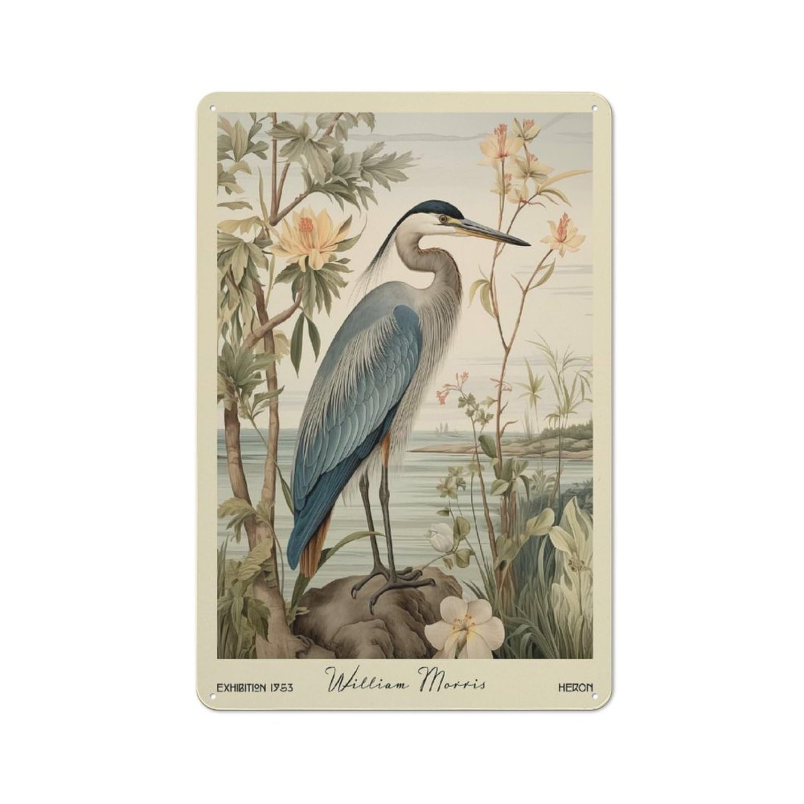 Junmoney Style-1 William Morris Heron Floral Art Tin Wall Sign, Bright Printed Design, For Man Cave, Tool Wall Or Office Corner, 30X20cm