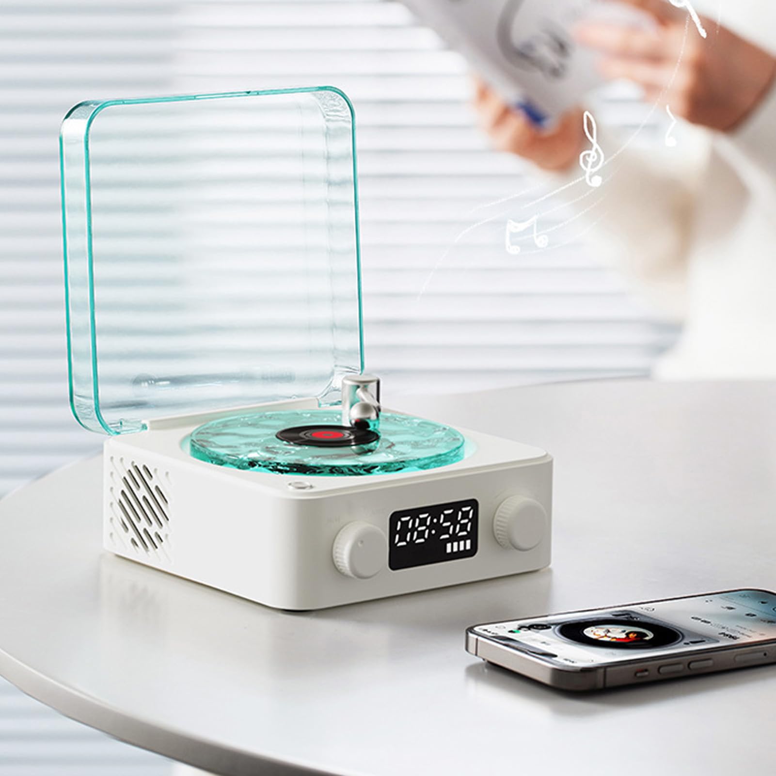 Bewinner Haut-Parleur Bluetooth Rétro avec Lecteur Vinyle et Lumière Réglable - Stéréo Compact Portable pour Dormir et Soirée