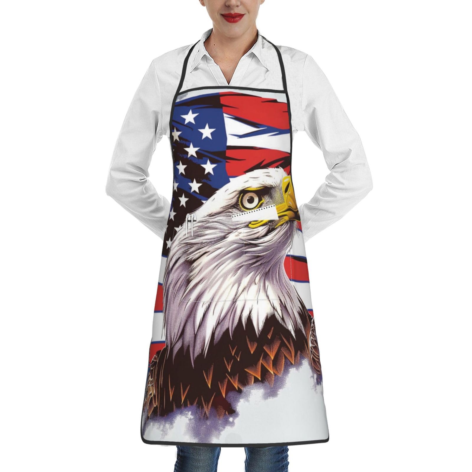 Hebsdfg Unisex Eagle With Usa Flag Adjustable Bib Apron With Pockets For Men Women Chef, Prints Waterproof Kitchen Aprons For Gardening, Work, Cooking, Barbecue