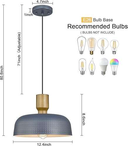 Miniatura 4 de Luminzone Luces colgantes de granja, lámparas colgantes ajustables con pantalla de metal martillado, iluminación colgante de 12.4 pulgadas para isla