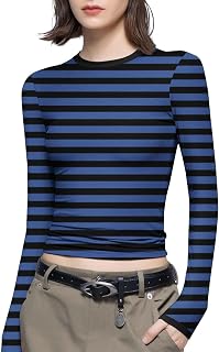 Camiseta de manga larga para mujer, estilo informal, entallada, cuello redondo, camiseta Y2K, para salir, ropa de calle, bloque de color, camiseta corta