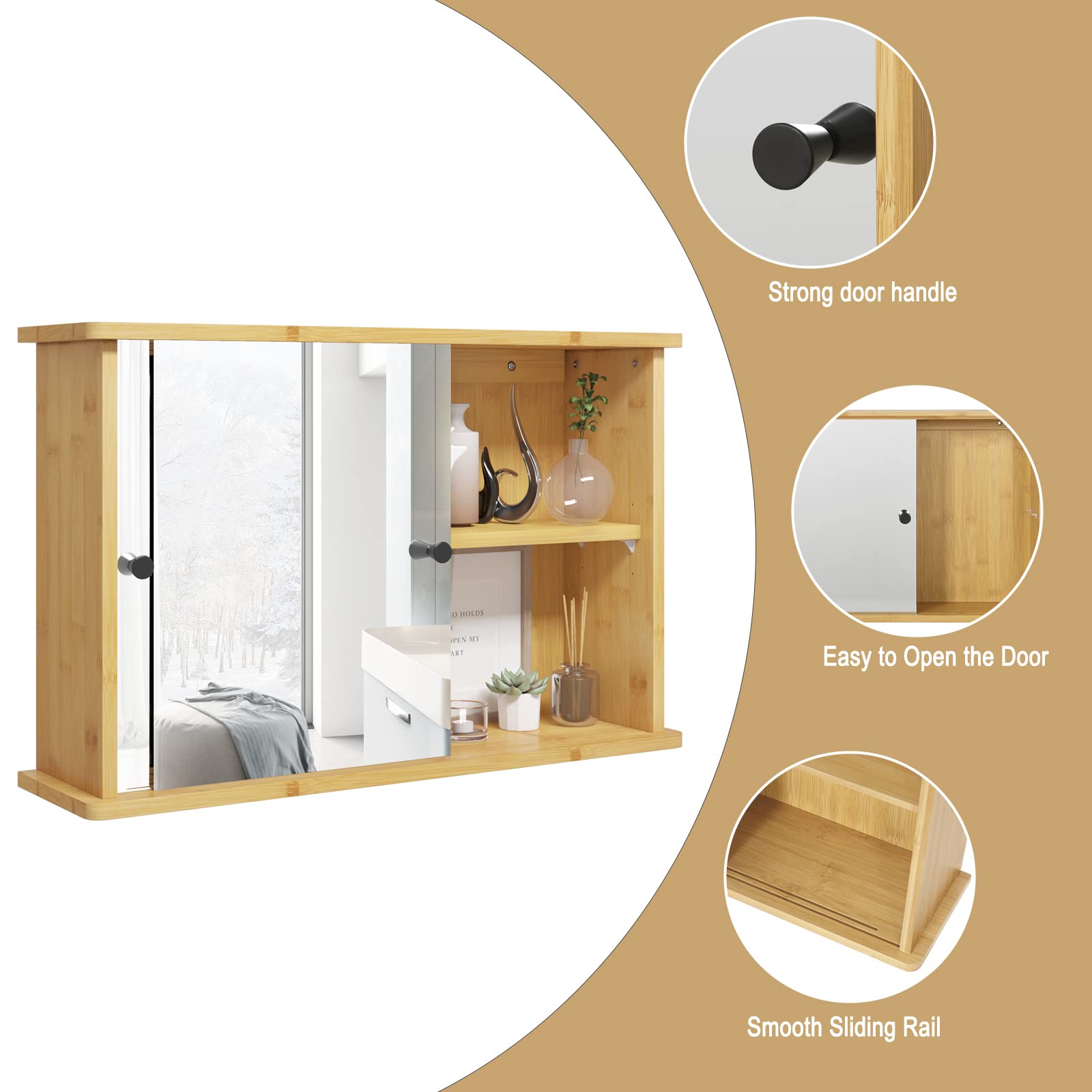 EUGAD Spiegelschrank für Bad, Badezimmerschrank mit Spiegeln, hängender Badschrank mit Schiebetüren, Hängeschrank für Badezimmer, mit Verstellbarer Ablage, aus Bambus, 55x35,5x14 cm