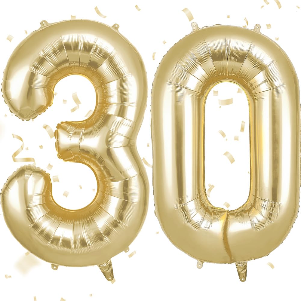 OFFCUP Gold Number 30 Balloons, 40 Inch Large Foil Number 3 & 0 Balloons, Self Inflating 30th Birthday Balloon for 30 Year Boys Girls Men Women Anniversary Birthday Party Decorations Supplies