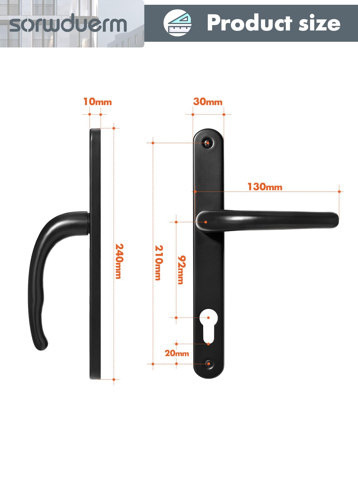 SORWDUERM Black Door Handles Set 92mm PZ Centres 210mm Screw Hole Distance 240mm Backplate Length Replacement Door Lever for UPVC Composite Timber Door Stainless Steels - Image 2