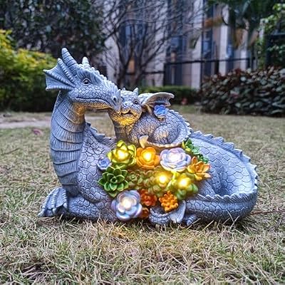 VIOYOUNS Solar Dragon Statue with LED Lights, Dargon Lover Gifts with Succulent and 6 LED Lights for Outdoor,Solar Dragon Decor for Yard, Garden and Patio, Unique Garden Statue for Mom Grandma