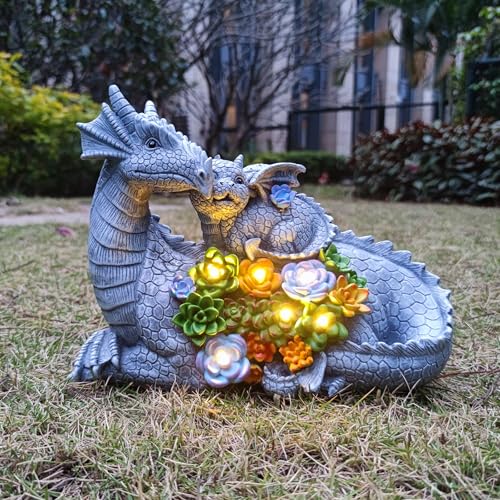 VIOYOUNS Solar Dragon Statue with LED Lights, Dargon Lover Gifts with Succulent and 6 LED Lights for Outdoor,Solar Dragon Decor for Yard, Garden and Patio, Unique Garden Statue for Mom Grandma