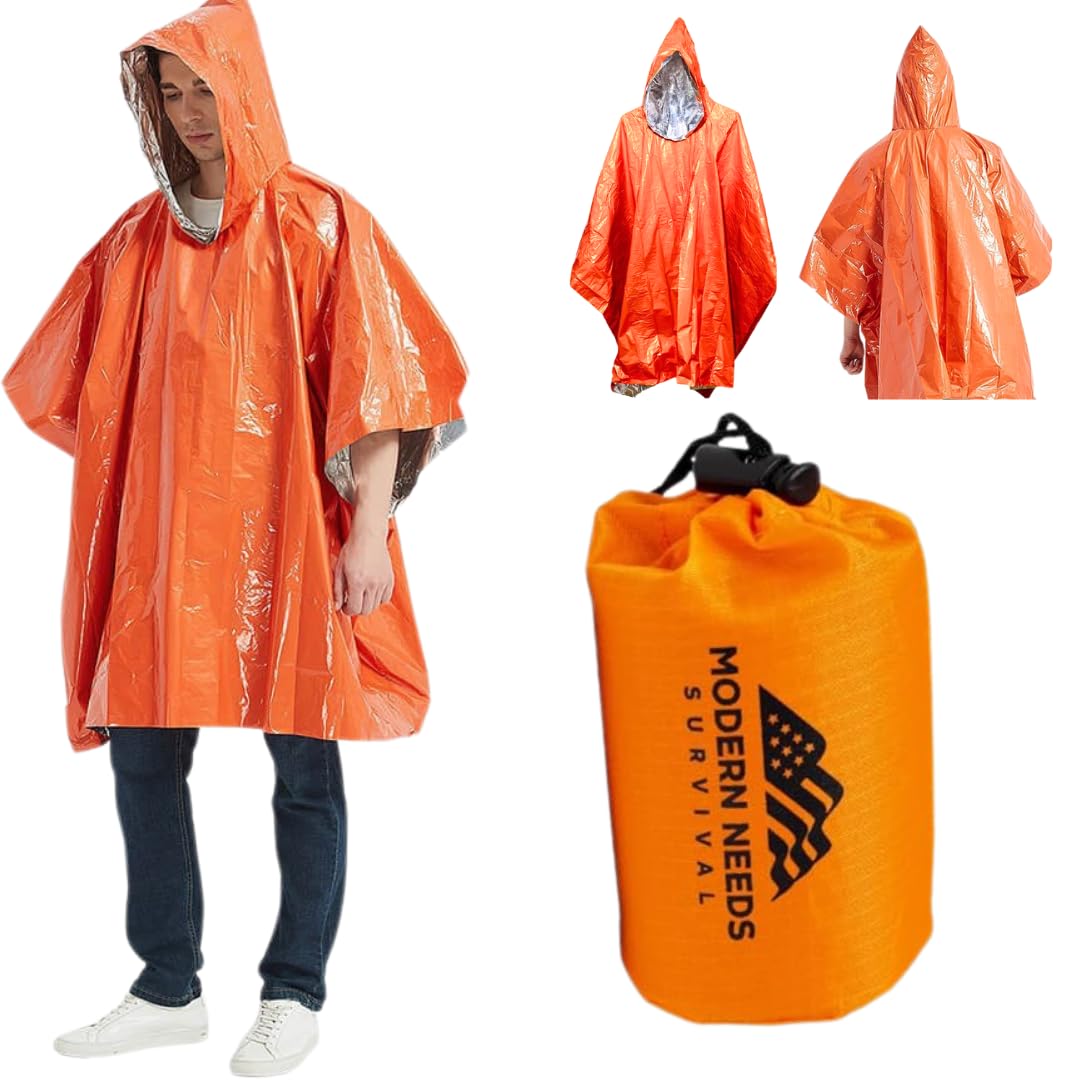 Modern Need Rain Ponchos for Adults Reusable | Survival Clothing Waterproof Rain Coat for Men Women | Thermal Emergency Poncho with Hood | Packable Blanket Jacket for Outdoor, Camping