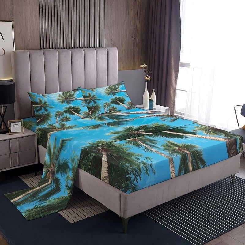 Miniatura 7 de Juego de sábanas tamaño California King, sábanas y fundas de almohada de palmera tropical, microfibra suave, bolsillo profundo y sin arrugas, 1