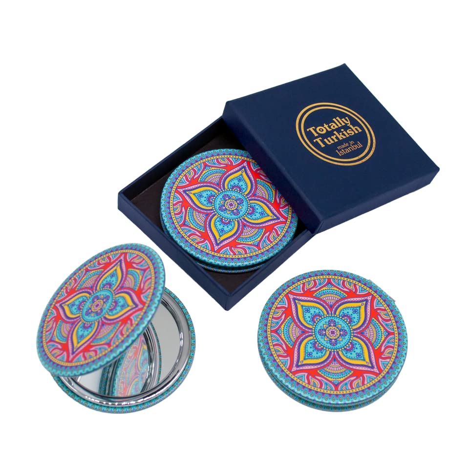Totally Turkish Metal Compact Mirror – Small Folding Round Mirror With Magnetic Close – 1x & 2x Magnification – For Handbags, Make-Up, Travel & Commutes – Bright & Funky Geometric Pattern (Girandola)