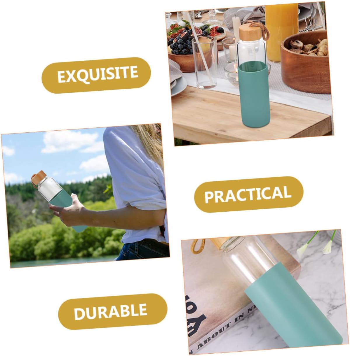 Unomor Light Green Glass Drinking Cup Bamboo Lid Silicone Sleeve Tea Water Cup Sealing Bottle